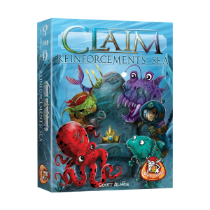 Claim_Reinforcements_Sea_Kaartspel_Uitbreiding_White Goblin Games blauwe doos met monsters afgebeeld rond een troon