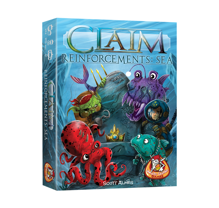 Claim_Reinforcements_Sea_Kaartspel_Uitbreiding_White Goblin Games blauwe doos met monsters afgebeeld rond een troon