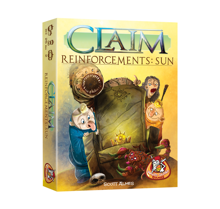 Claim_Reinforcements_Sun_Kaartspel_Uitbreiding_White Goblin Games gele doos met monsters afgebeeld rond een troon