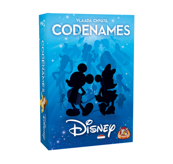 Codenames Disney - partyspel, familiespel. Blauwe cover met daarop zwarte silhouetten van Mickey, Minnie en andere Disney-figuren.