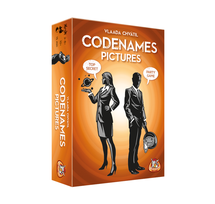 Codenames Pictures - oranje doos met silhouet van mannelijke en vrouwelijke spion. Codenames met foto's.