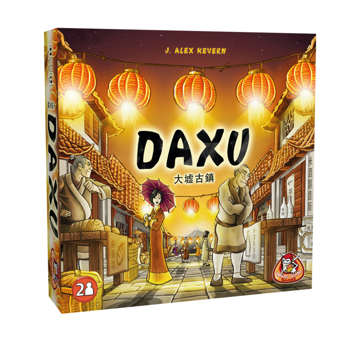 Daxu_Kaartspel_White Goblin Games_Een kaartspel voor 2 spelers_Op de cover staan 3 mensen in een marktstraat naar de kraampjes te kijken