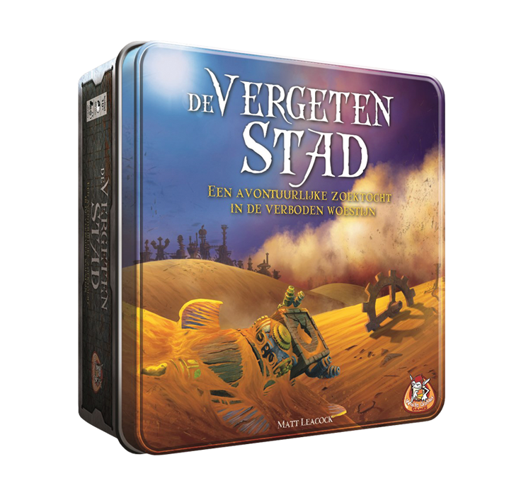 De_Vergeten_Stad_White Goblin Games_Op de cover staan verwoeste onderdelen begraven in het zand met een stad in de achtergrond