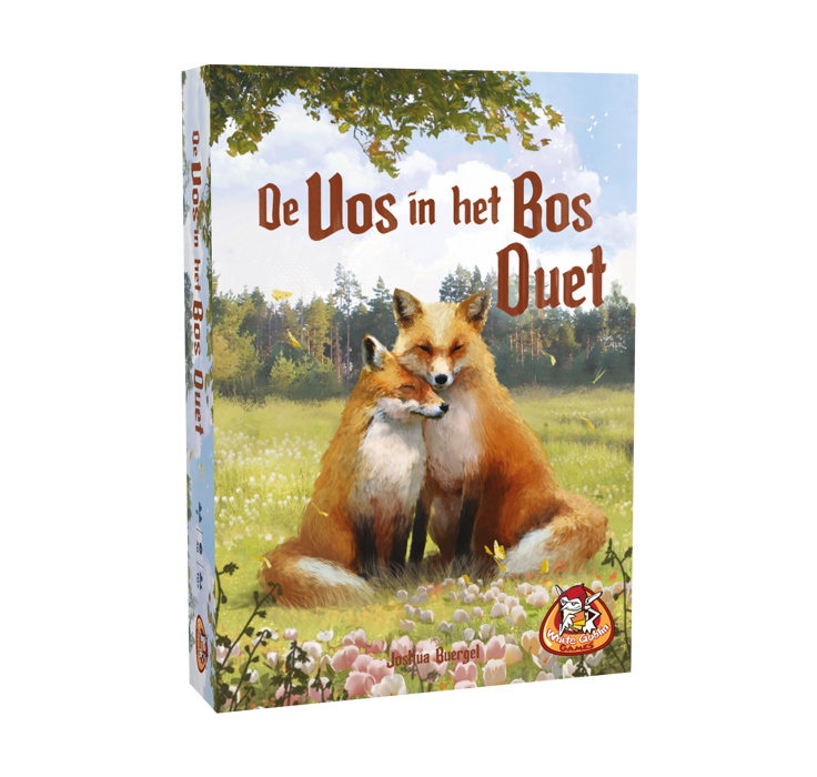 De_Vos_in_het_Bos_Duet_White Goblin Games_ een kaartspel voor 2 spelers. Op de cover staan twee vossen naast elkaar met een bos in de achtergrond
