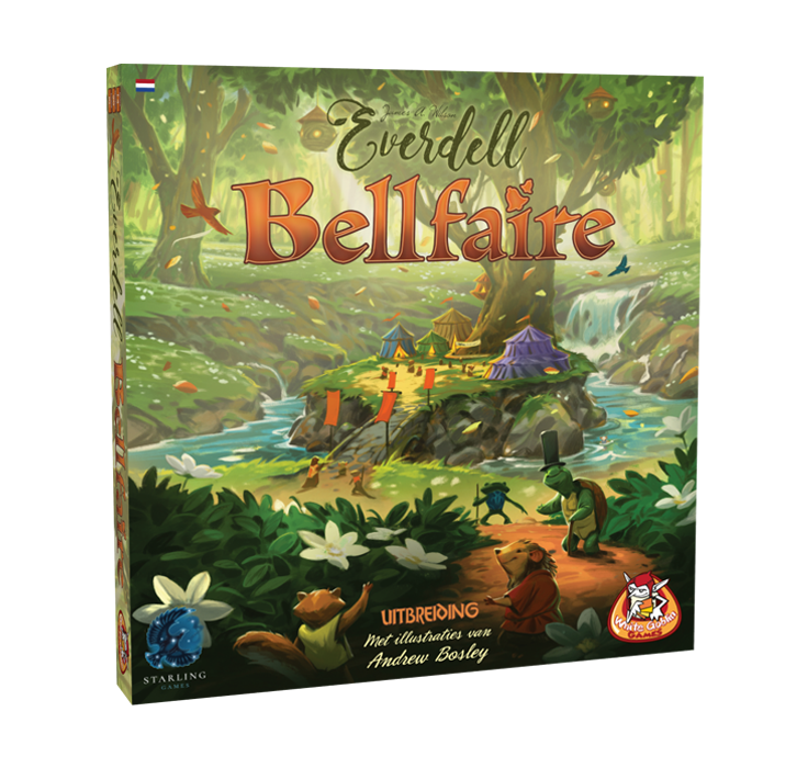 Everdell_Bellfaire_Uitbreiding_Familiespel_White Goblin Games_ op de cover staan dieren die samen lopen naar een buurtfeestje