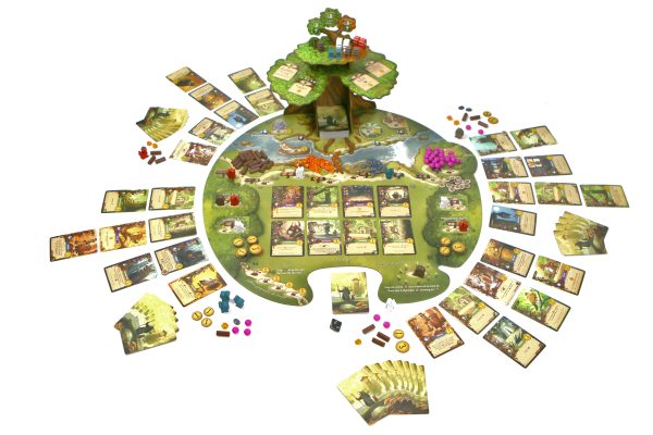 Everdell_Familiespel_NSP_SvhJ_Voorbeeld_Spelcompilatie_1_White Goblin Games_ Speelbord met kaarten en speelfiguren rondom het bord