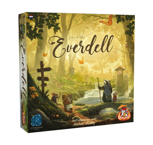 Everdell_Familiespel_NSP_SvhJ_White Goblin Games_ op de cover staan dieren die door een dorp in een bos heen lopen