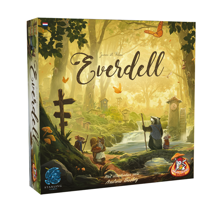 Everdell_Familiespel_NSP_SvhJ_White Goblin Games_ op de cover staan dieren die door een dorp in een bos heen lopen