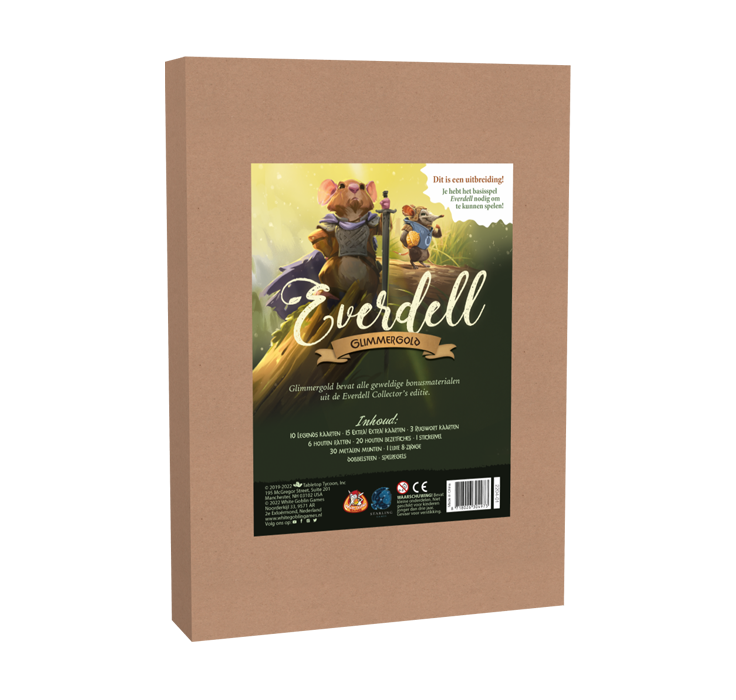 Everdell_Glimmergold_Uitbreiding_Familiespel_White Goblin Games_Op de cover staat een muis die als ridder is verkleed