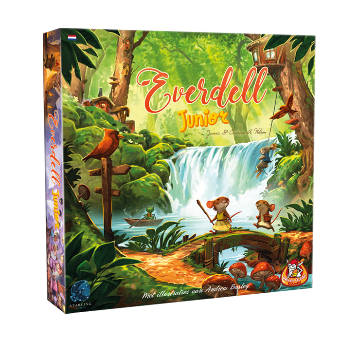 Everdell_Junior_Familiespel_White Goblin Games_Op de cover staan allemaal dieren die door het bos langs de waterval lopen
