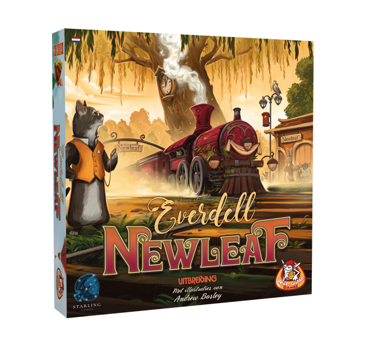 Everdell_Newleaf_Uitbreiding_Familiespel_White Goblin Games_ op de cover staat een kat op een treinstation die kijkt naar een trien die langs kom rijden