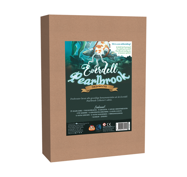 Everdell_Pearlbrook_Freshwater_Uitbreiding_Familiespel_White Goblin Games_ Op de cover staat een oranje met witte vis met een snor