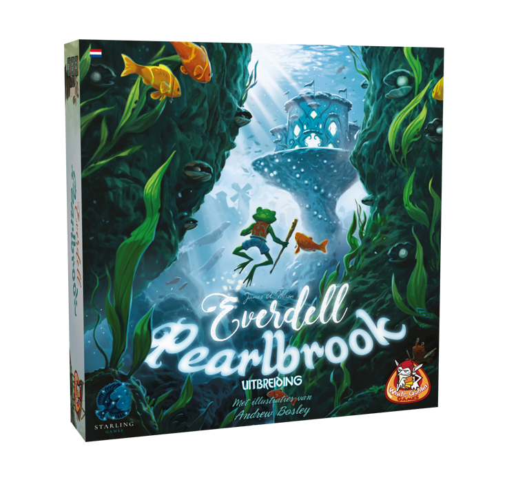 Everdell_Pearlbrook_Uitbreiding_Familiespel_White Goblin Games_ op de cover staat een kikker die zwemt naar een onderwater paleis