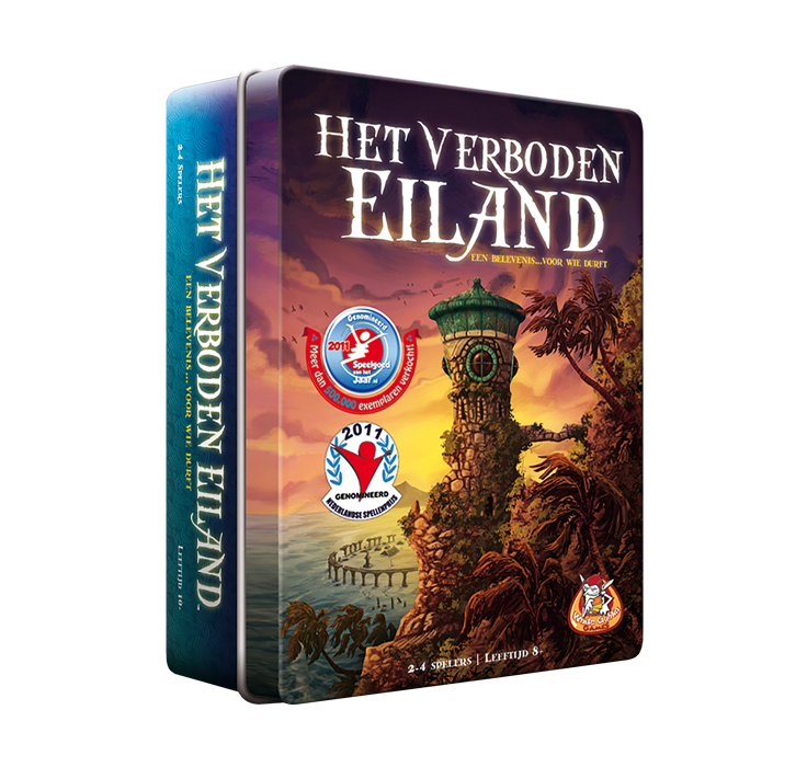 Het_Verboden_Eiland_Familiespel_NSP_SvhJ_White Goblin Games_Op de cover staat een verlaten toren op een verlaten eiland lang de kust