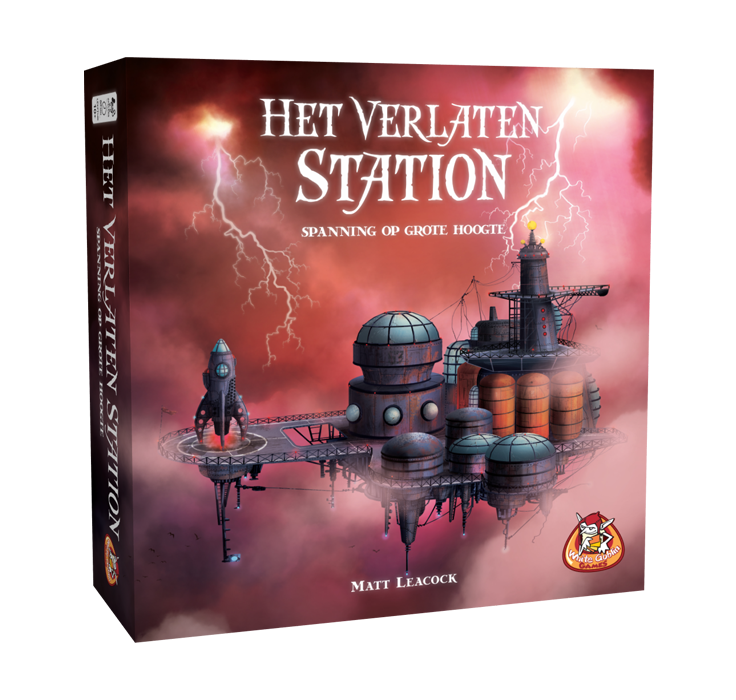 Het_Verlaten_Station_Familiespel_White Goblin Games_Op de cover staat een vliegend station tussen de wolken met bliksem in de achtergrond