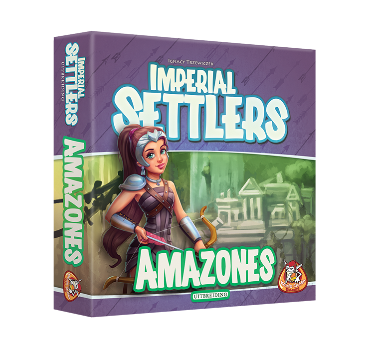 Imperial_Settlers_Amazones_Uitbreiding_Familiespel_White Goblin Games_ een paarse rand met een tempel in de verte, met een vrouwelijke krijgen voorop afgebeeld