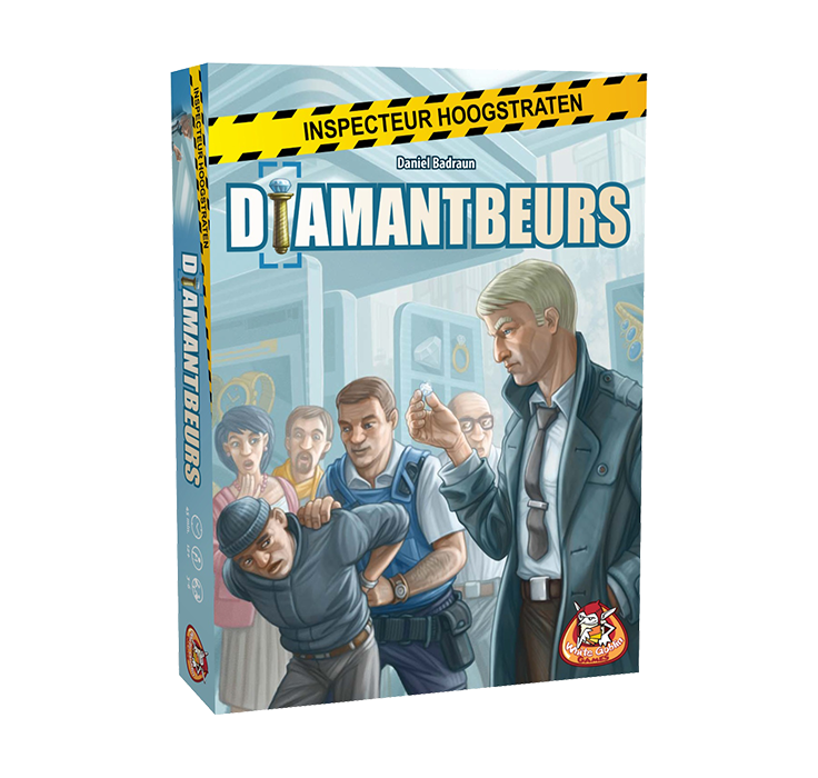 Inspecteur_Hoogstraten_Diamantbeurs_Familiespel_White Goblin Games_ een agent heeft een crimineel vast terwijl iemand anders een diamant onderzoekt
