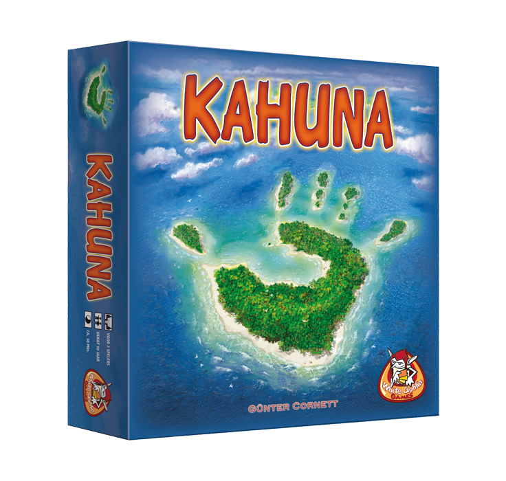 Kahuna_2_Spelers_White Goblin Games_Bordspel_ op de cover staat een eiland in de vorm van een hand midden in het midden van de oceaan