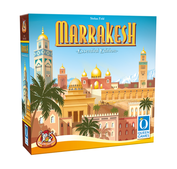 Marrakesh_Strategisch_Expertspel_Uitbreiding_White Goblin Games_ een goud-rood paleis met palmbomen op de voorgrond