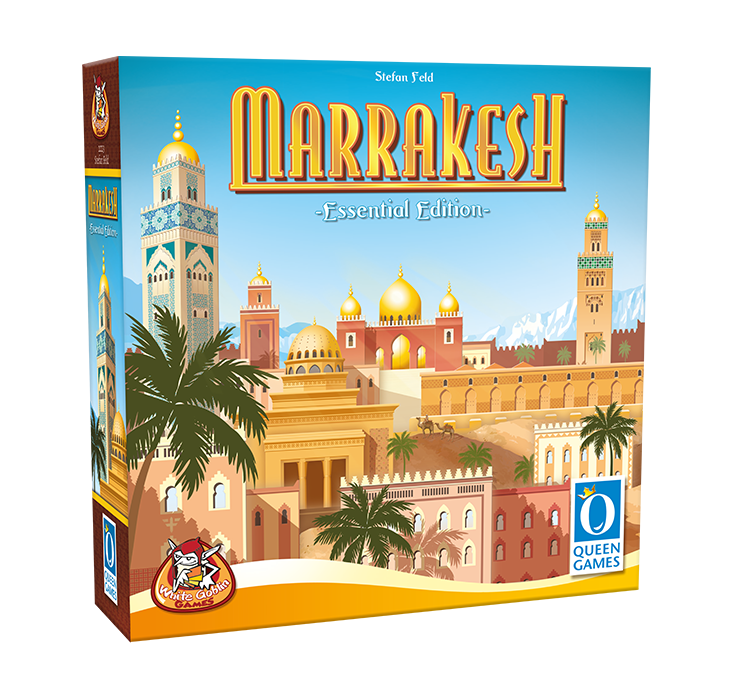 Marrakesh_Strategisch_Expertspel_Uitbreiding_White Goblin Games_ een goud-rood paleis met palmbomen op de voorgrond