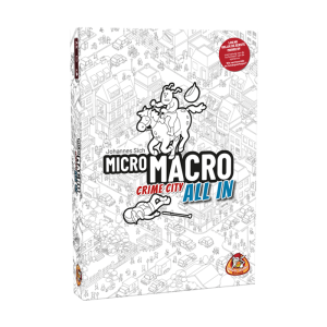 MicroMacro: Crime City - All In. Spel waarin je misdaden oplost met op de cover een getekende stadskaart en het logo in wit met zwart.