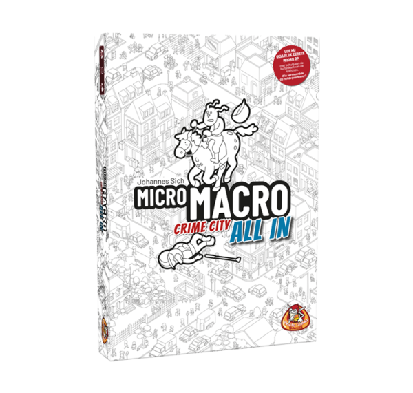 MicroMacro: Crime City - All In. Spel waarin je misdaden oplost met op de cover een getekende stadskaart en het logo in wit met zwart.