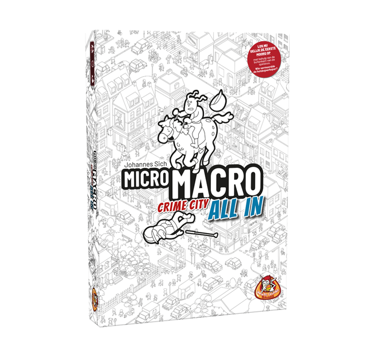 MicroMacro: Crime City - All In. Spel waarin je misdaden oplost met op de cover een getekende stadskaart en het logo in wit met zwart.