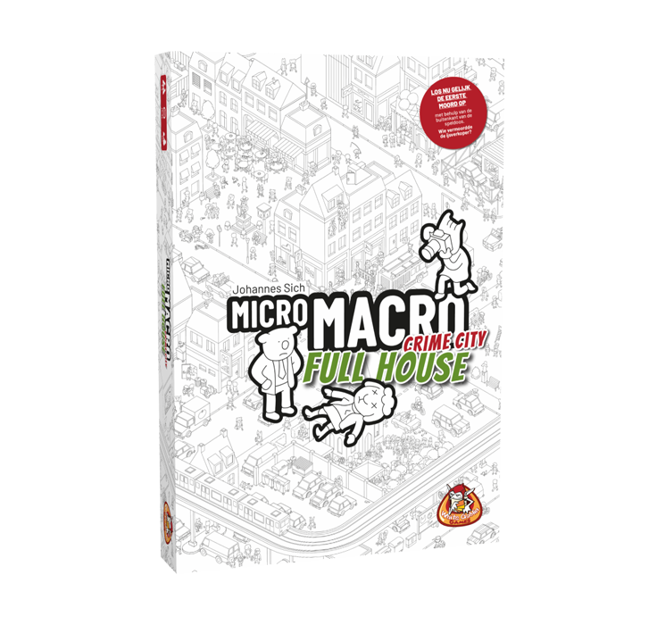 Micro_Macro_Crime_City_Full_House_Familiespel_Cover_White Goblin Games_Op de voorkant is een stad te zien. Iemand staat de kijken naar een levenloos lichaam en een fotograaf die snel foto's komt maken