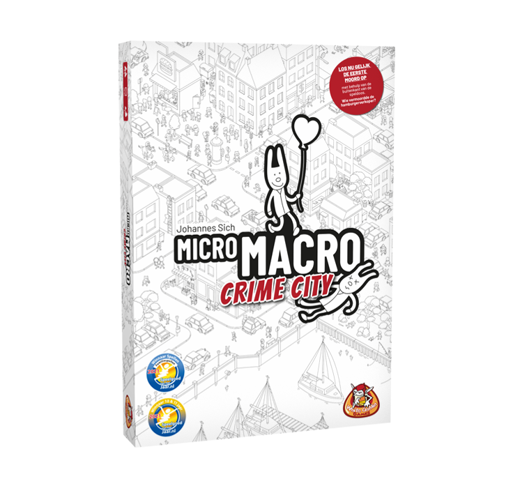 Micro_Macro_Crime_City_SvhJ_Familiespel_White Goblin Games_ Op de cover staat een stad, een levenloos lichaam en iemand die vrolijk langs loopt met een ballon