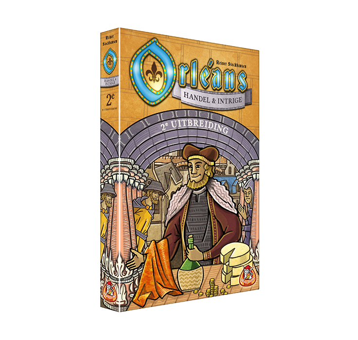 Orleans_Handel_&_Intrige_Uitbreiding_2_Familiespel_White Goblin Games_ op de doos staat een man op de markt met een fles in zijn hand