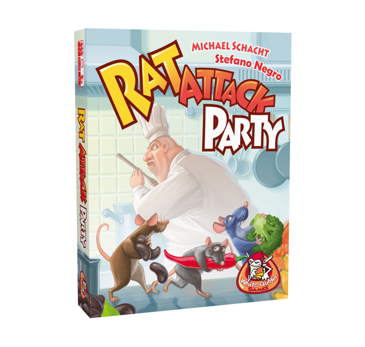 Rat_Attack_Party_Kaartspel_White Goblin Games_op de cover staat een kok in de keuken te koken en drie ratten die samen eten stelen