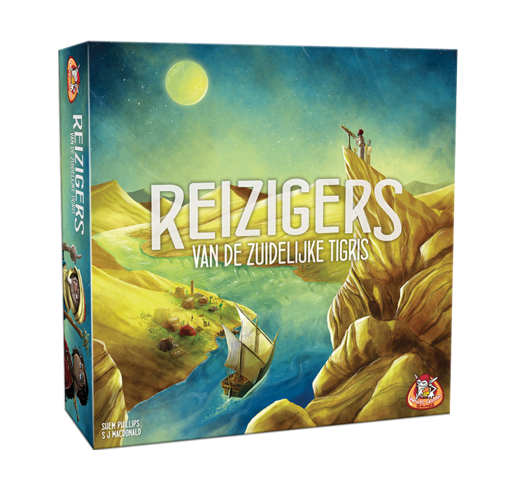 Reizigers_van_de_Zuidelijke_Tigris_White Goblin Games_ is een strategisch spel met op de voorkant een boot die door een rivier tussen de rosten vaart en mensen die naar de maan kijken vanaf de rots top