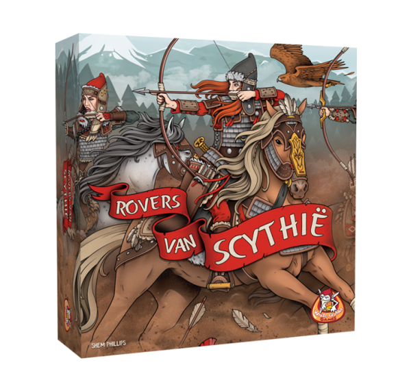 Rovers_van_Scythie_White Goblin Games_ met op de cover een ridder op een paard met een boog in haar handen en een vogel die erg laag vliegt