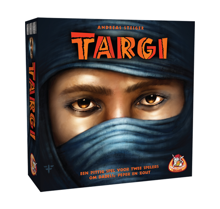 Targi is een familiespel met op de cover een gemaskerde man van White Goblin Games