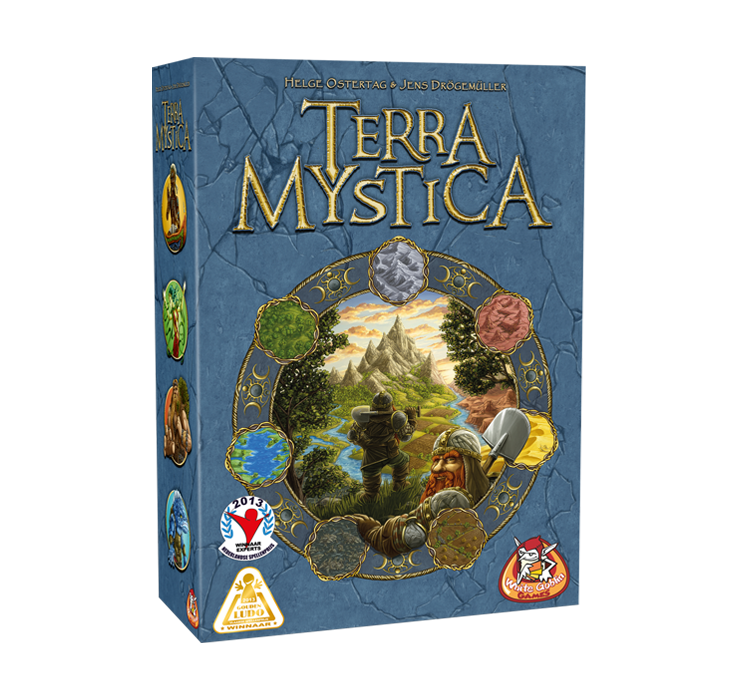 Terra Mystica is een Strategisch expertspel met een cirkel met landschappen in verschillende kleuren op de cover van White Goblin Games