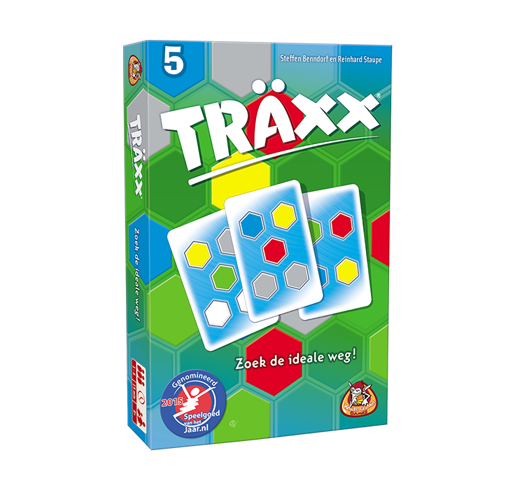 Traxx_Kaartspel_White Goblin Games_ een groen blauw rood gele achtergrond met kaarten op de voorgrond
