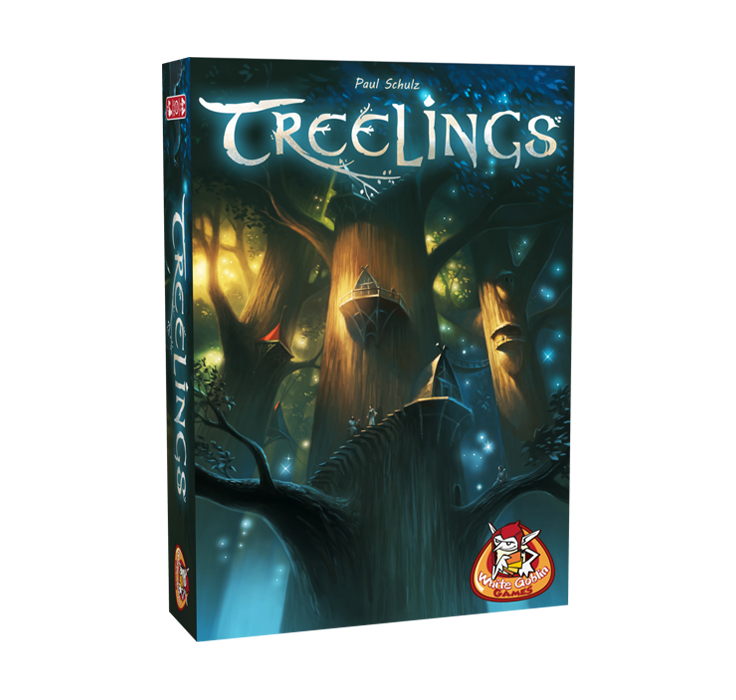 Treelings_White Goblin Games_kaartspel_ op de cover staat een grote boom met een trap en huisjes eromheen die vanaf onderen blauw verlicht wordt
