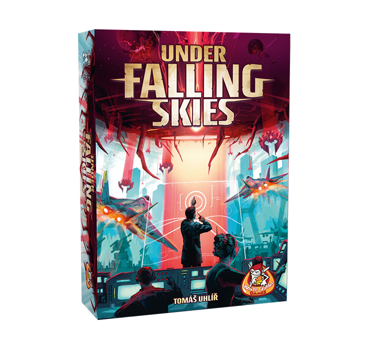 Under_Falling_Skies_Solospel_White Goblin Games_ Op de cover staan mensen klaar om tegen een invasie in te gaan