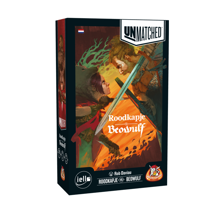 Unmatched Roodkapje versus Beowulf is een familiespel met op de cover een illustratie van Roodkapje en beowulf in een gevecht van White Goblin Games
