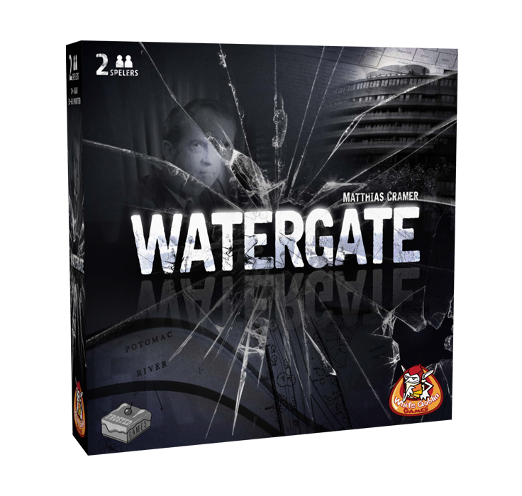 Watergate_White Goblin Games_2 speler spel_ op de cover staat een gebroken glas met een persoon afgebeeld, een gebouw en berekeningen
